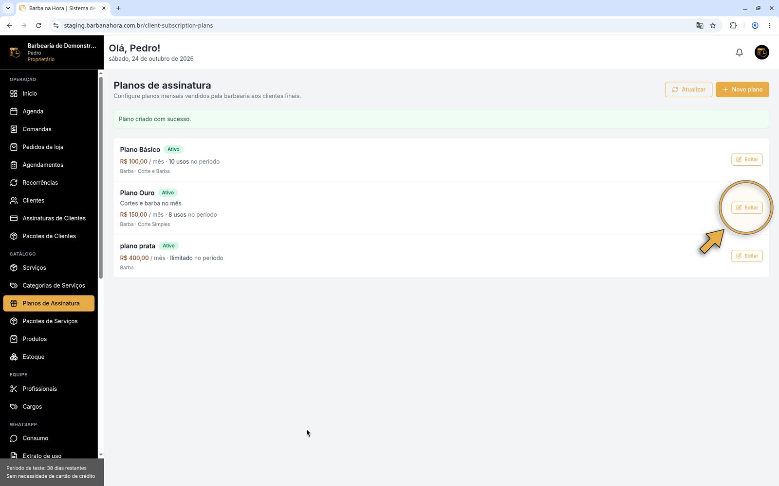 Cartão do Plano Ouro com seta em Editar
