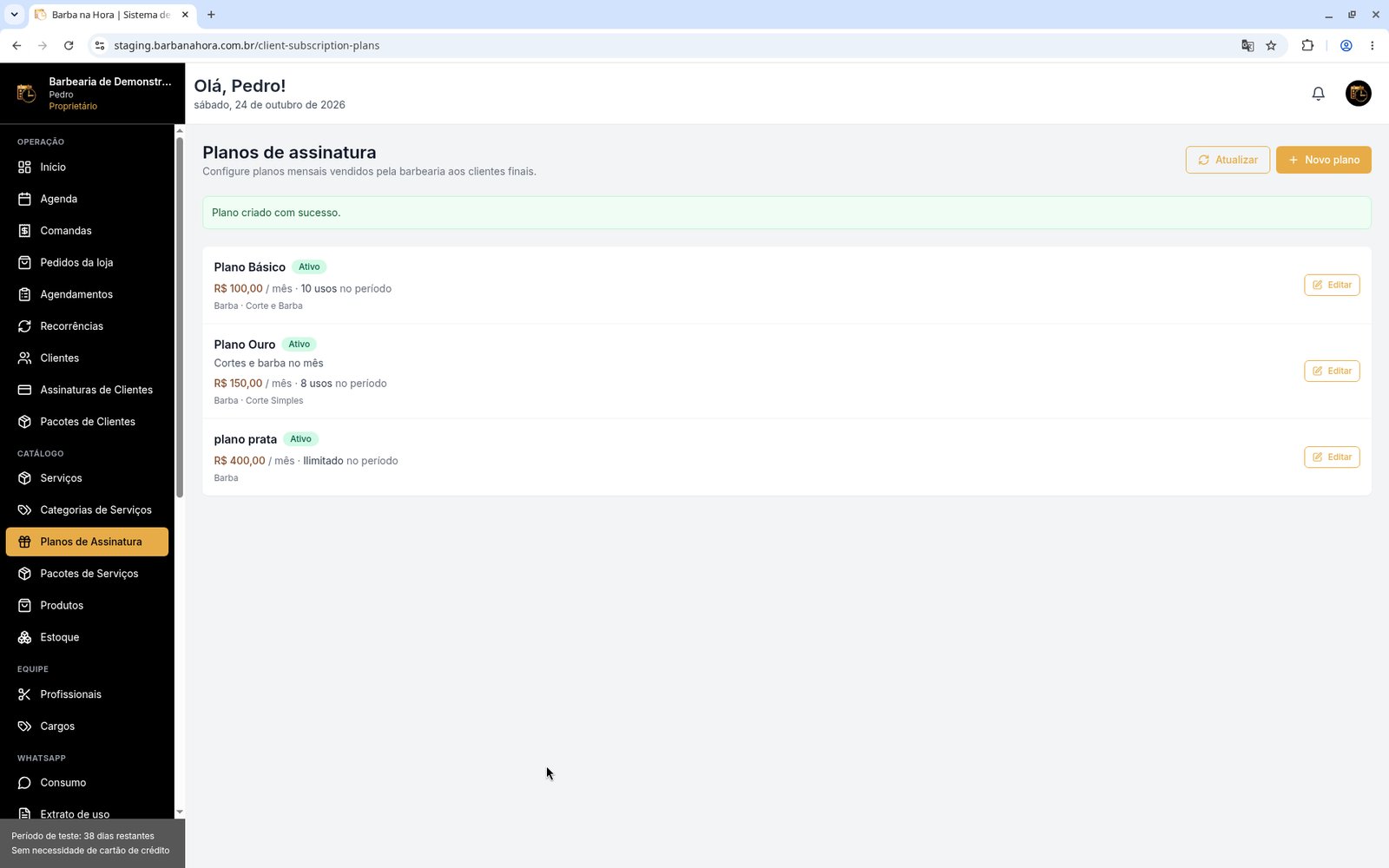 Lista de planos com o Plano Ouro criado