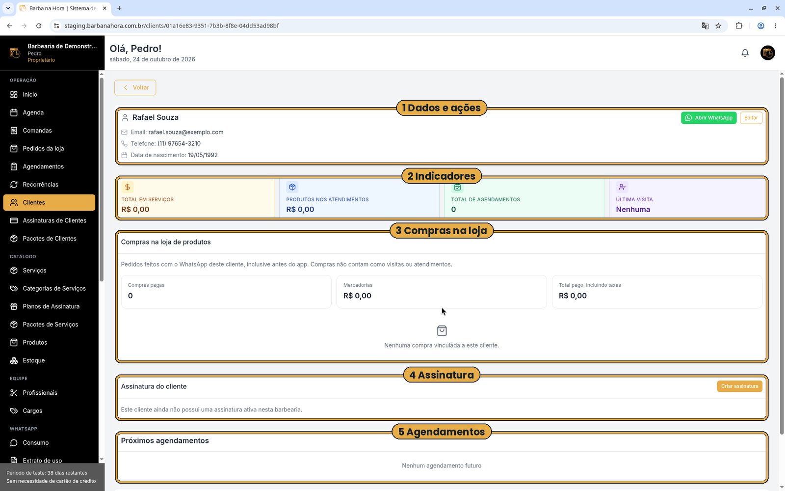 Página de detalhes do cliente com contato, indicadores e agendamentos