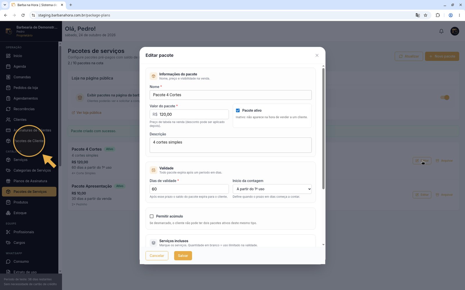 Menu lateral com Pacotes de Clientes destacado em Operação
