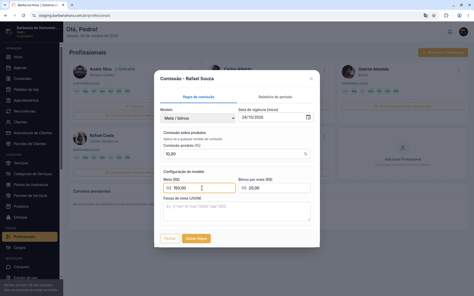 Modelo Meta / bônus com Meta R$ 150,00 e Bônus por meta R$ 20,00