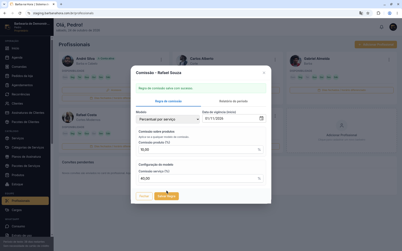 Janela de comissão com o aviso Regra de comissão salva com sucesso