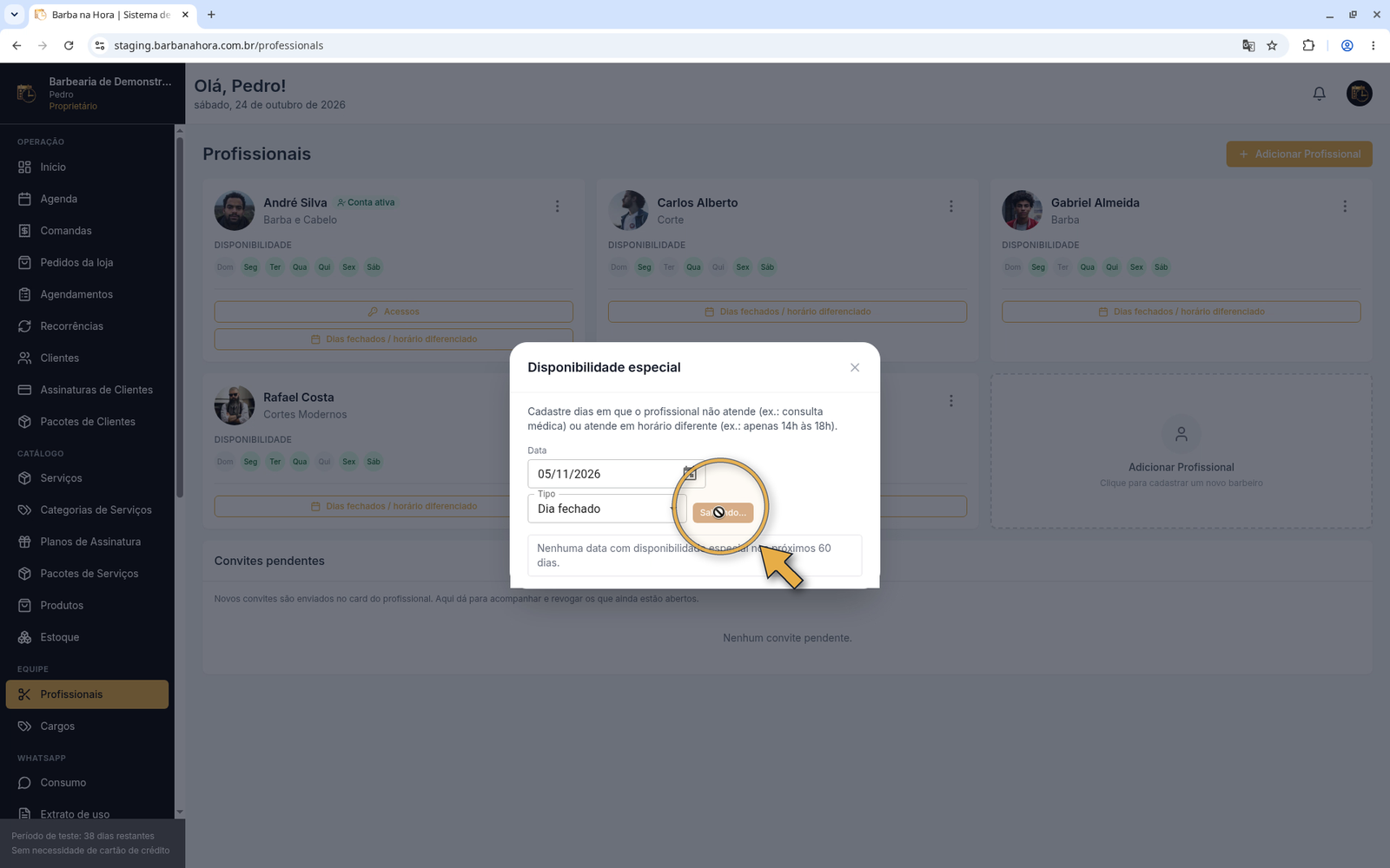 Janela Disponibilidade especial com data 05/11/2026, tipo Dia fechado e seta no botão Adicionar