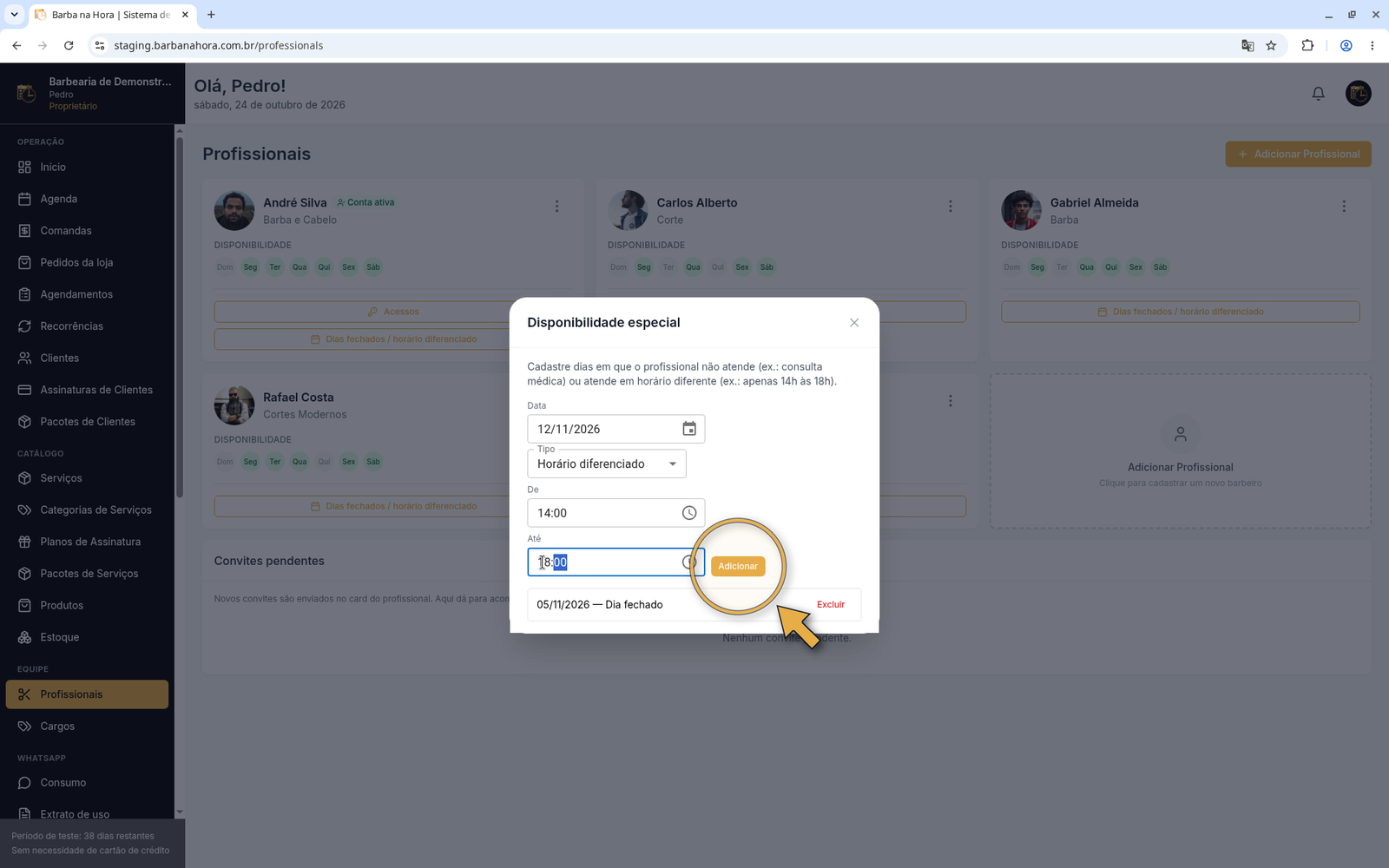 Janela Disponibilidade especial com data 12/11/2026, tipo Horário diferenciado, De 14:00, Até 18:00 e seta em Adicionar