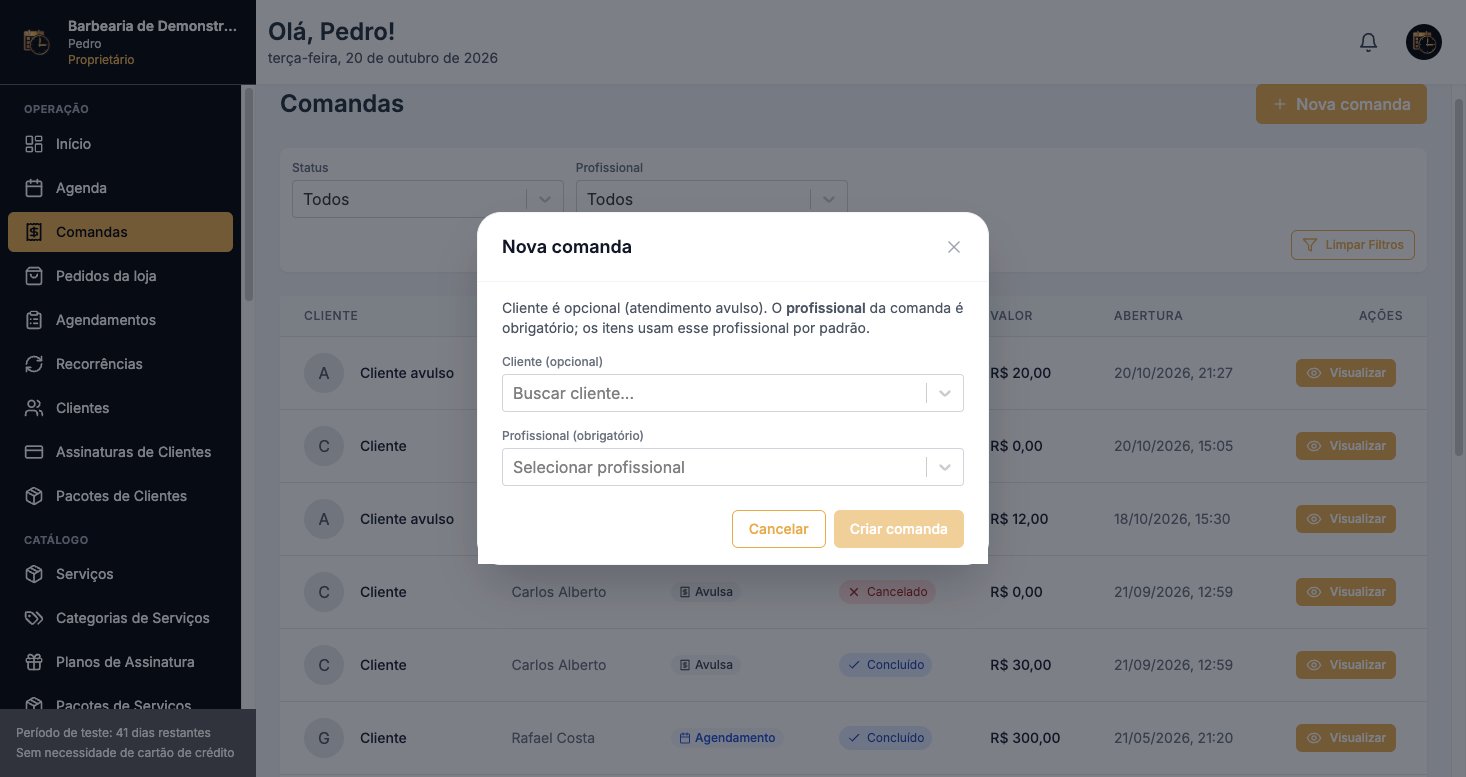 Janela Nova comanda com cliente opcional, profissional obrigatório e o botão Criar comanda