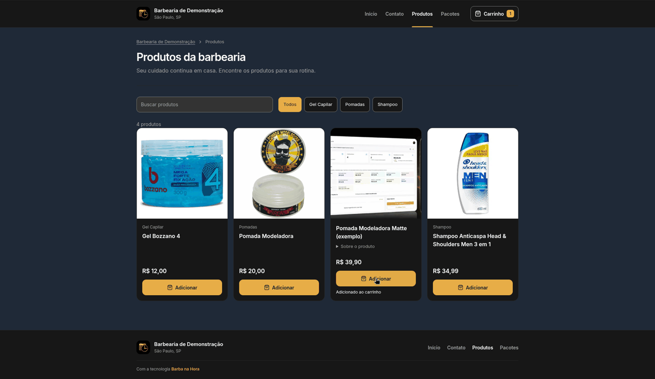 Página pública Produtos da barbearia com busca, filtros de categoria e o aviso Adicionado ao carrinho