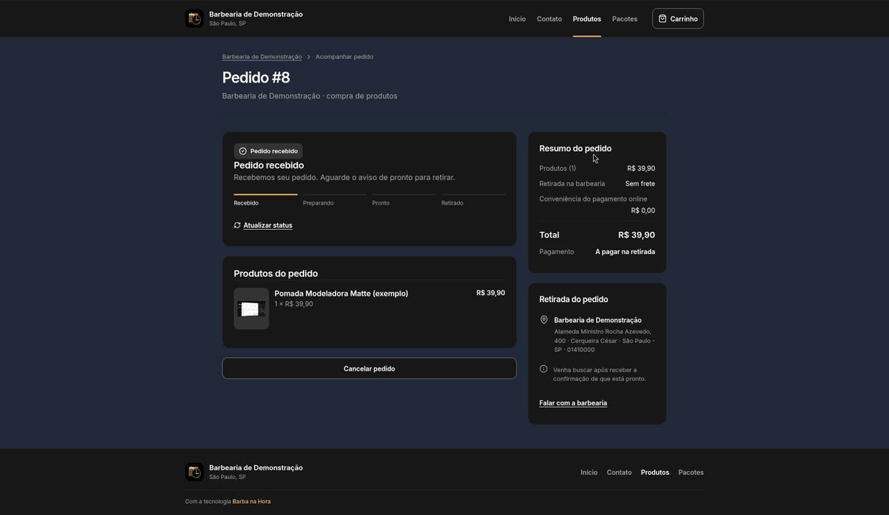 Página do Pedido #8 com a etiqueta Pedido recebido, as etapas Recebido, Preparando, Pronto e Retirado, e o pagamento A pagar na retirada