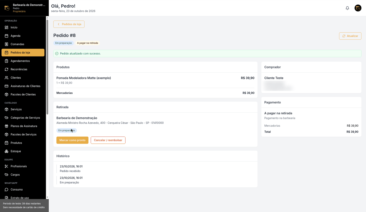 Pedido #8 com o aviso Pedido atualizado com sucesso, a etiqueta Em preparação e o botão Marcar como pronto