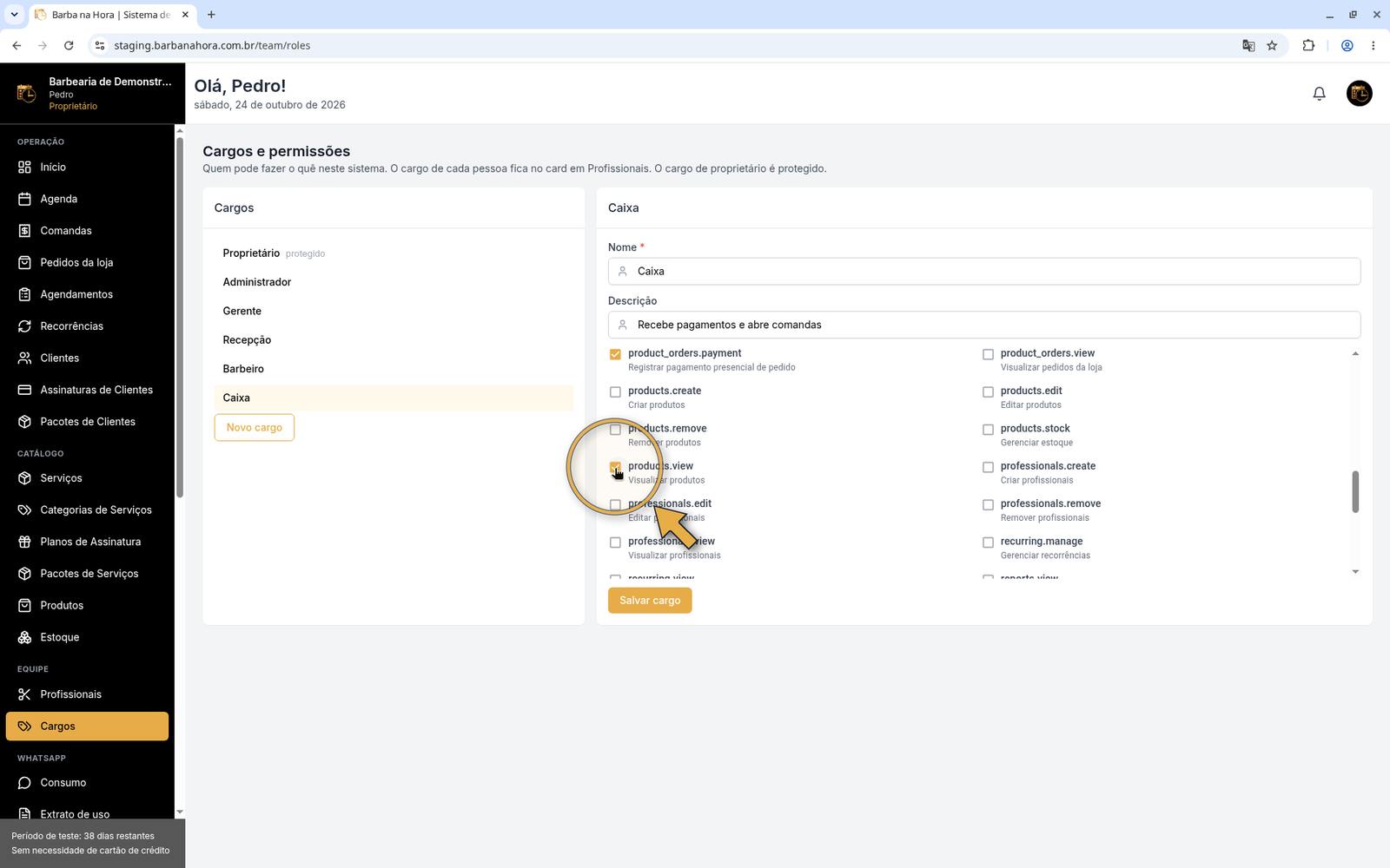 Cargo Caixa selecionado com seta na permissão products.view