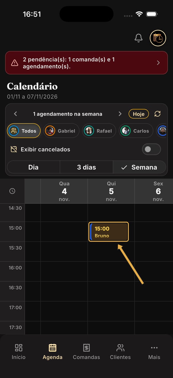 Calendário na visão Semana com o card 15:00 Bruno na quinta, 5 de novembro, e seta apontando para ele