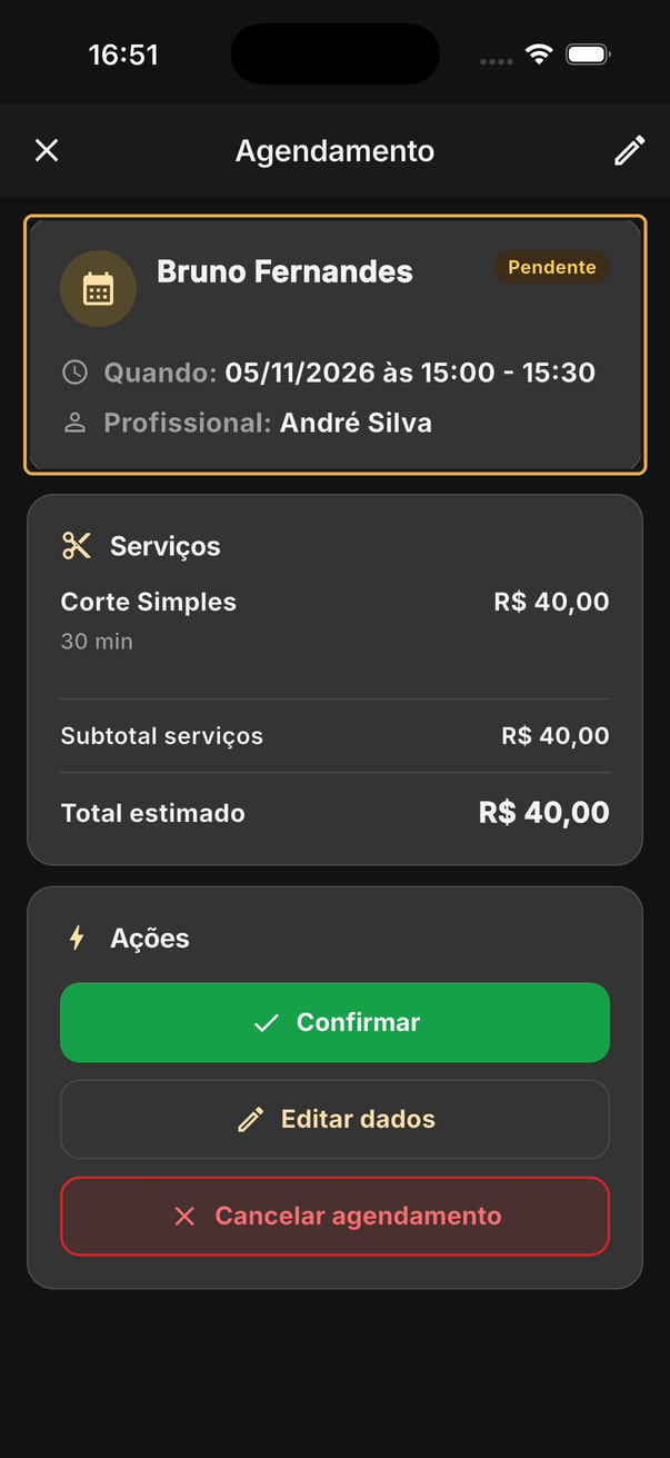 Tela Agendamento de Bruno Fernandes, Pendente, em 05/11/2026 das 15:00 às 15:30 com André Silva, destacada