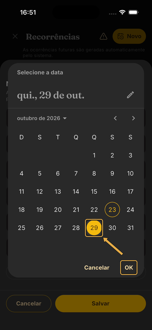 Calendário Selecione a data com seta apontando para o dia 29 e o botão OK destacado
