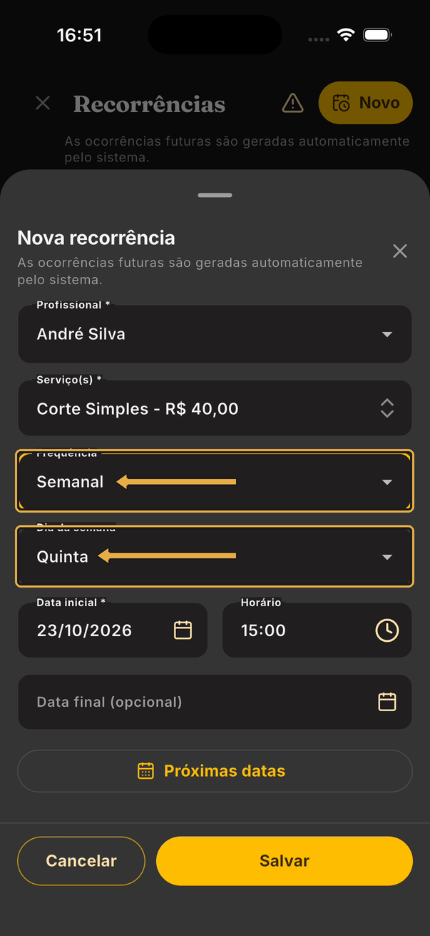 Janela Nova recorrência com setas nos campos Frequência (Semanal) e Dia da semana (Quinta)