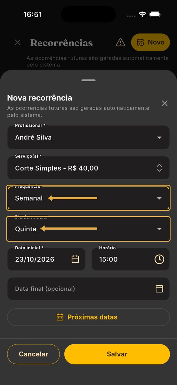 Janela Nova recorrência com setas nos campos Frequência (Semanal) e Dia da semana (Quinta)