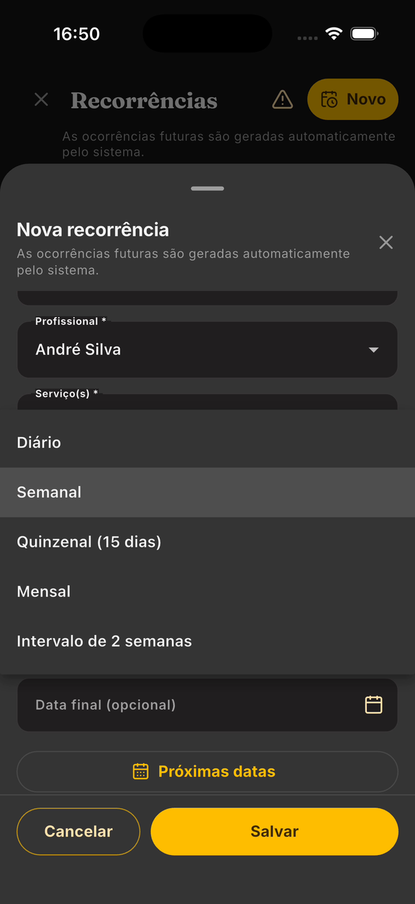 Lista de frequências com Diário, Semanal, Quinzenal (15 dias), Mensal e Intervalo de 2 semanas