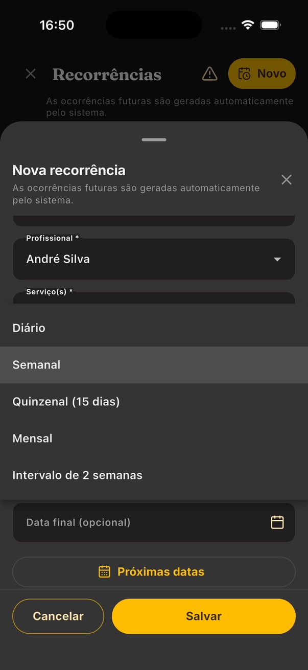 Lista de frequências com Diário, Semanal, Quinzenal (15 dias), Mensal e Intervalo de 2 semanas
