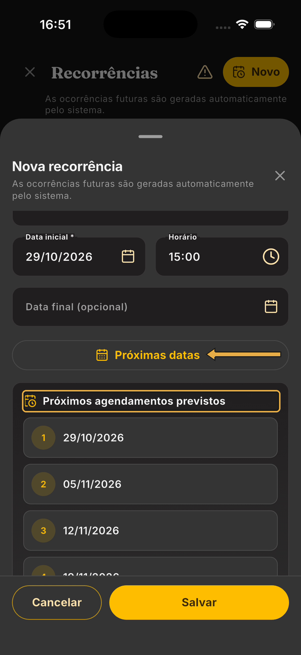 Seta apontando para o botão Próximas datas e o título Próximos agendamentos previstos destacado, com as datas 29/10/2026, 05/11/2026 e 12/11/2026