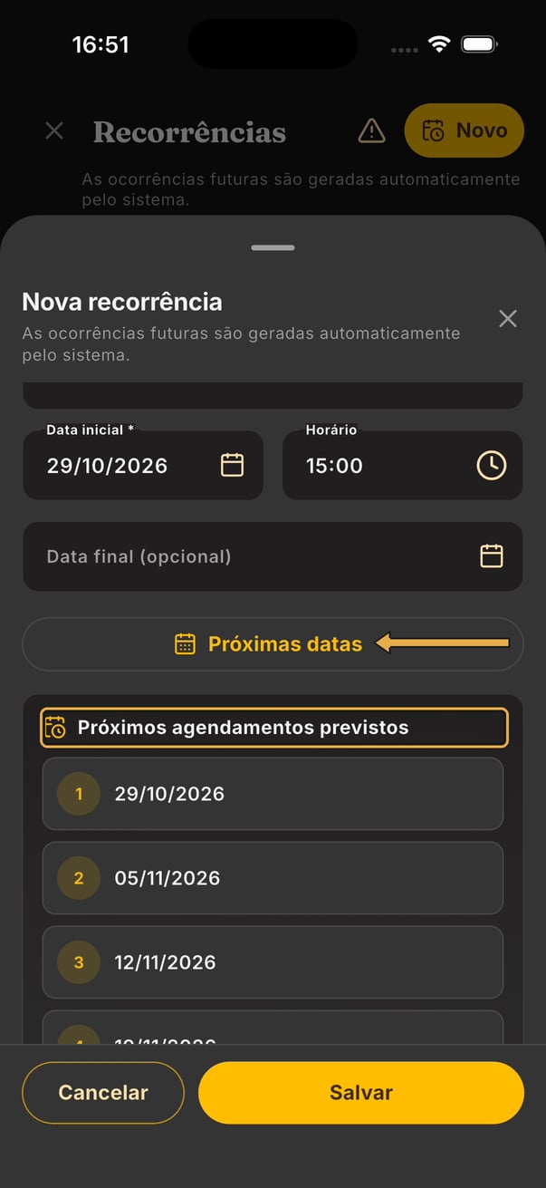 Seta apontando para o botão Próximas datas e o título Próximos agendamentos previstos destacado, com as datas 29/10/2026, 05/11/2026 e 12/11/2026