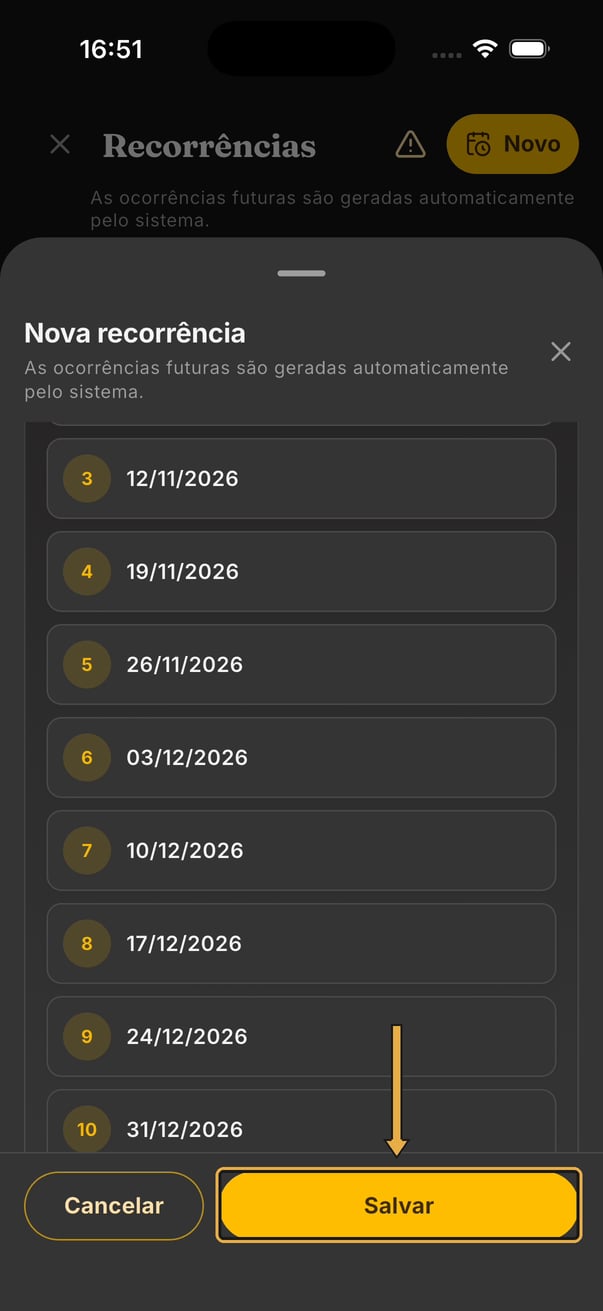 Janela Nova recorrência com a lista de datas previstas e seta apontando para o botão Salvar