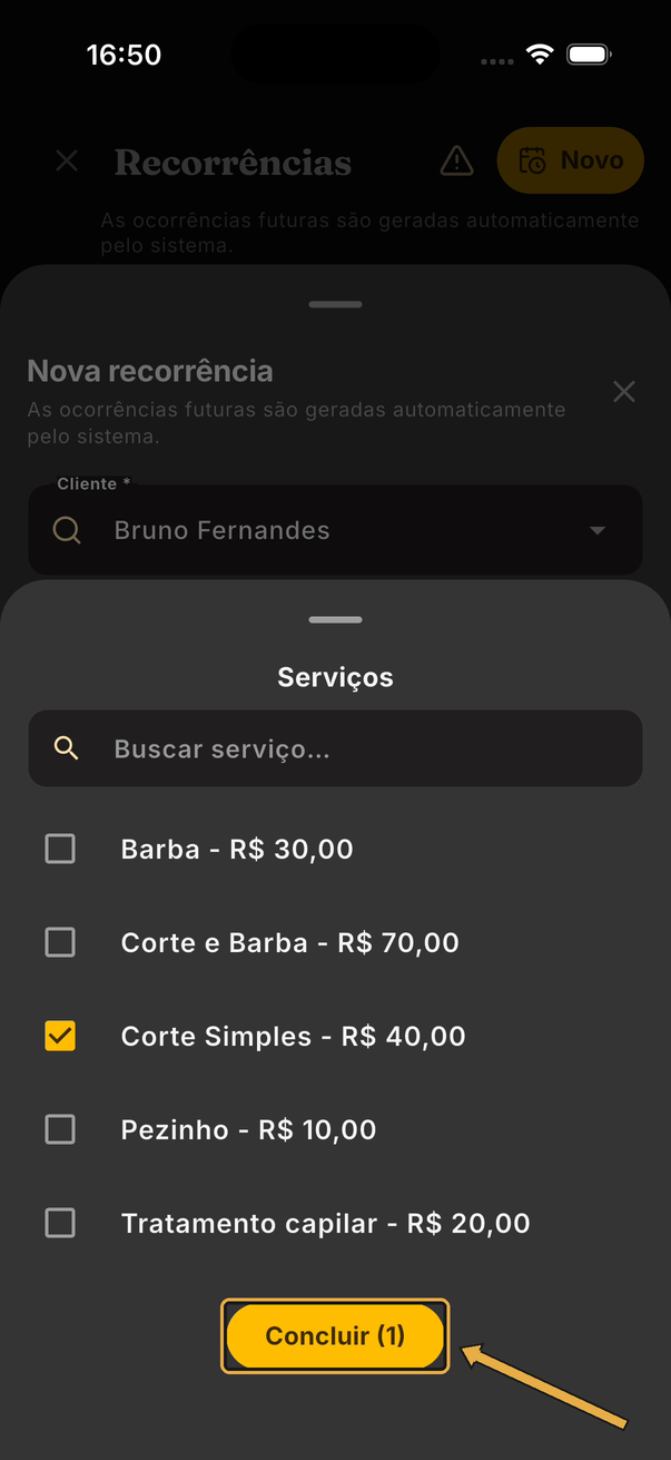 Lista Serviços com Corte Simples - R$ 40,00 marcado e seta apontando para Concluir (1)