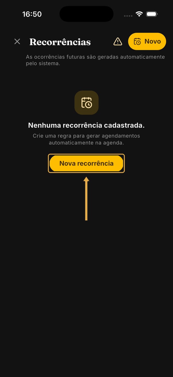 Tela Recorrências com Nenhuma recorrência cadastrada e seta apontando para o botão Nova recorrência