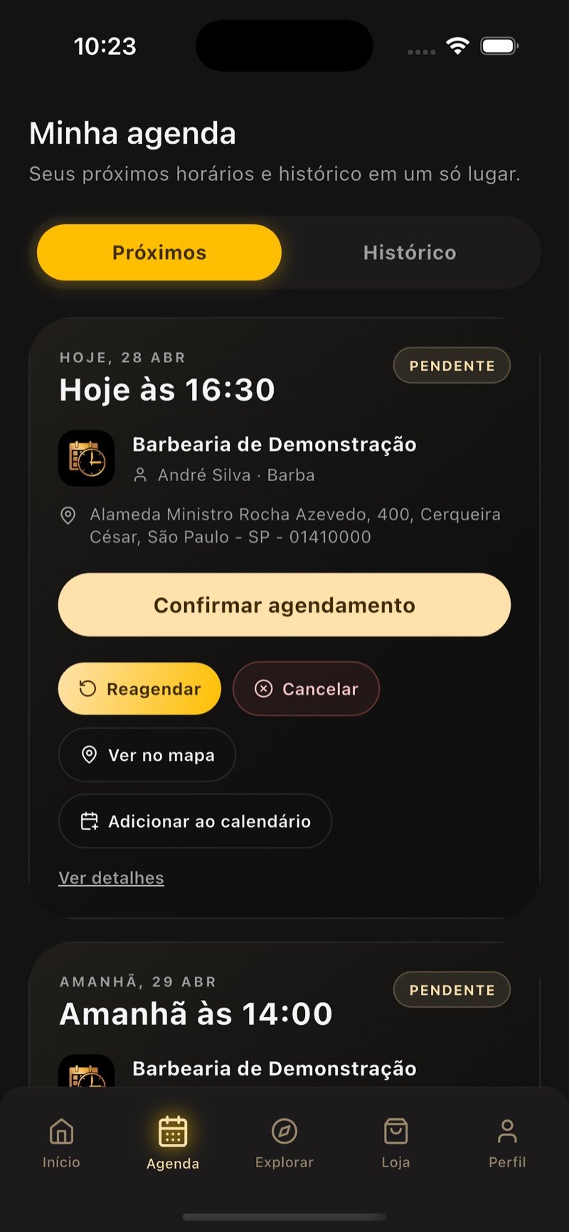 Agenda do cliente no app, com o horário de hoje e o de amanhã