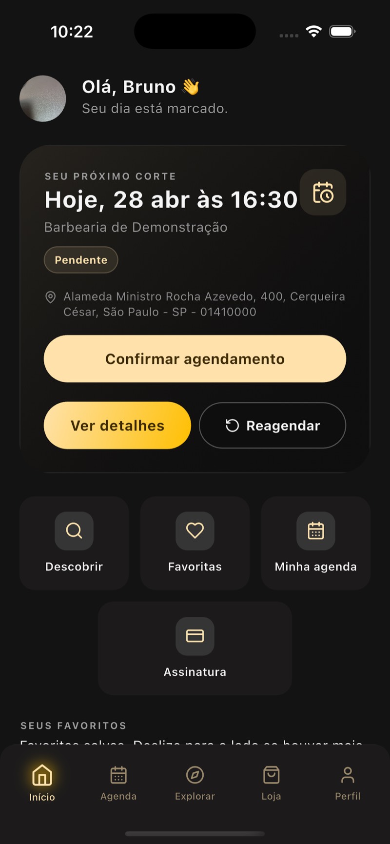 Tela inicial do app do cliente, com o próximo corte e os atalhos da barbearia