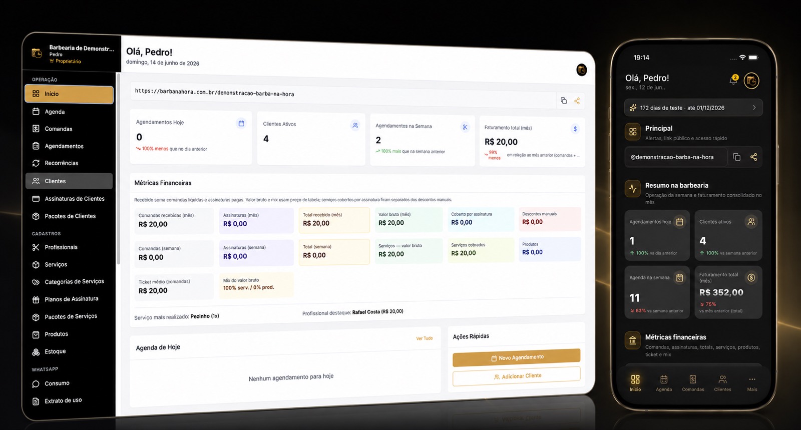 Painel do Barba na Hora com a agenda do dia, comandas, clientes e o resumo no celular
