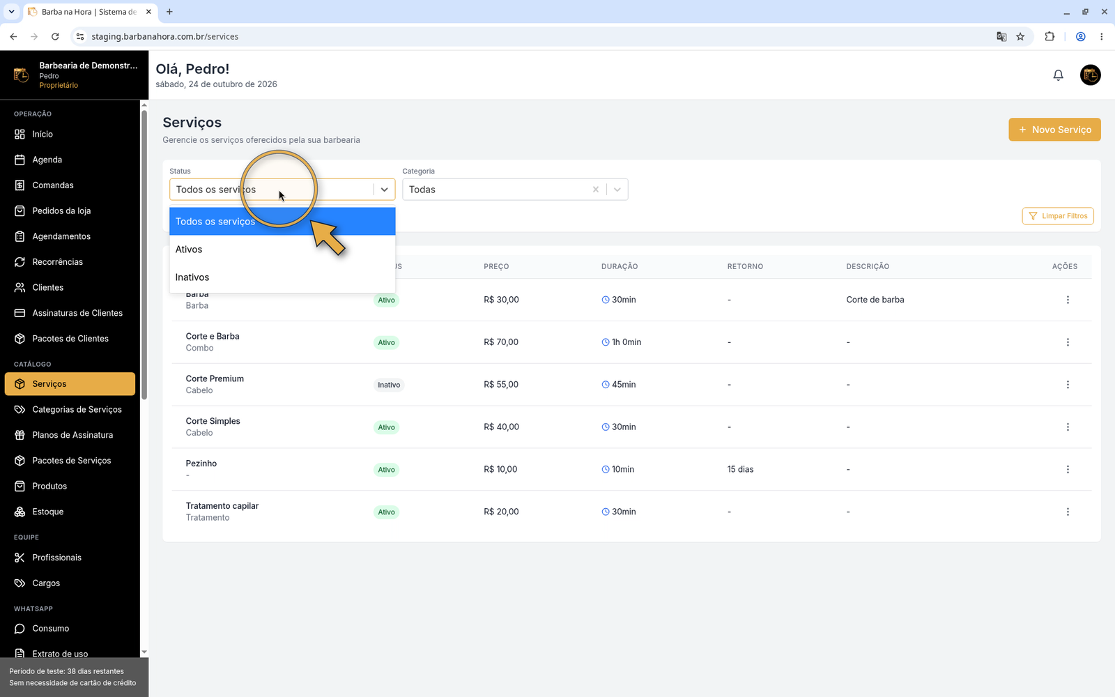 Lista de serviços com o filtro Status aberto