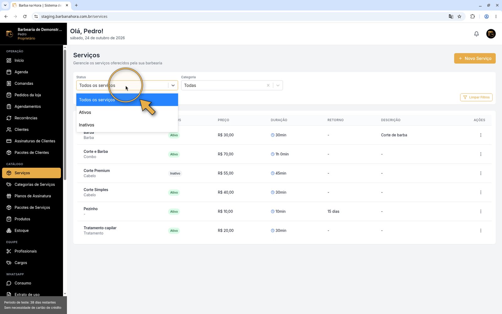 Lista de serviços com o filtro Status aberto
