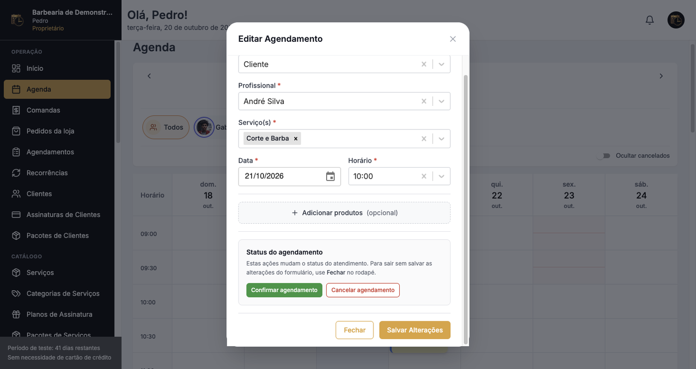 Janela de editar agendamento com os botões Confirmar agendamento e Cancelar agendamento