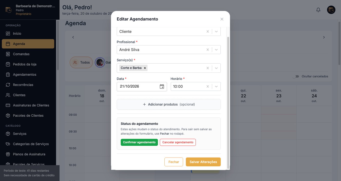 Janela de editar agendamento com os botões Confirmar agendamento e Cancelar agendamento