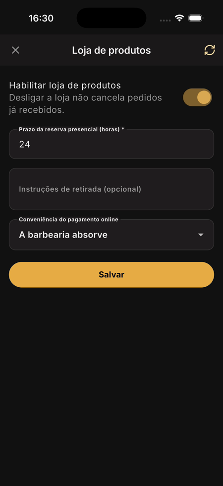 Tela Loja de produtos do app com Habilitar loja de produtos ligado, Conveniência do pagamento online em A barbearia absorve e o botão Salvar