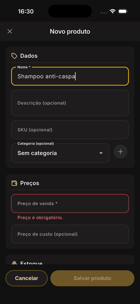Tela Novo produto com o nome Shampoo anti-caspa preenchido na seção Dados