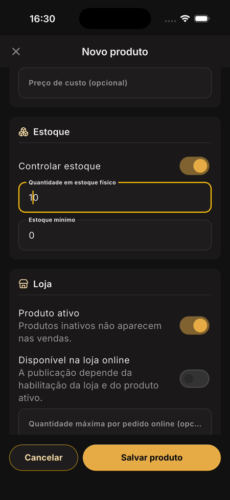 Tela Novo produto com Controlar estoque ligado, Produto ativo ligado e Disponível na loja online