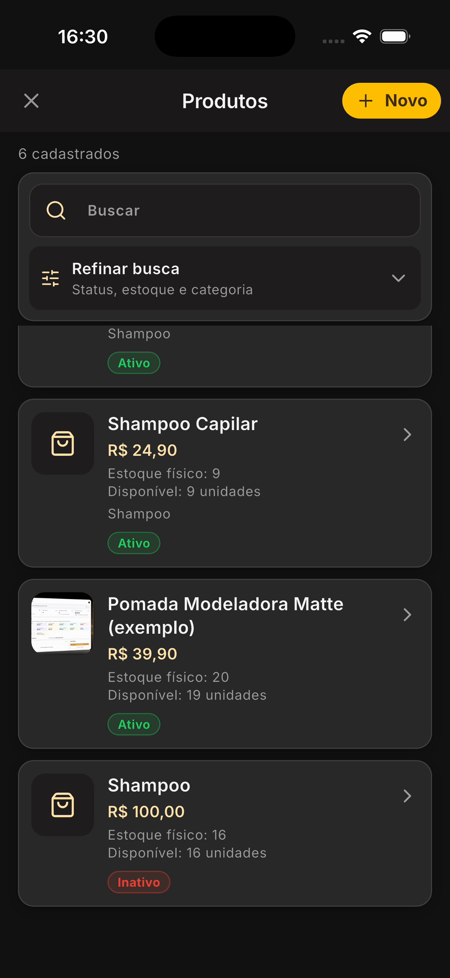 Tela Produtos do app com busca, filtros e o botão + Novo