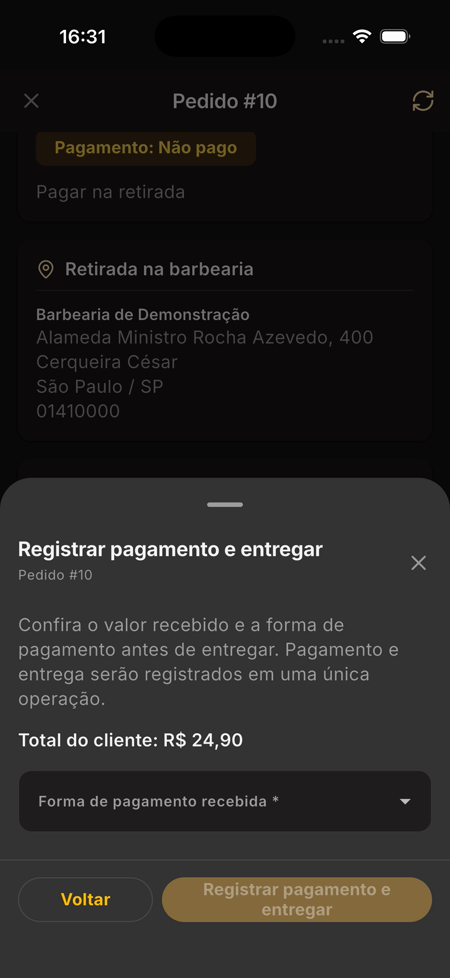 Janela Registrar pagamento e entregar com o campo Forma de pagamento recebida