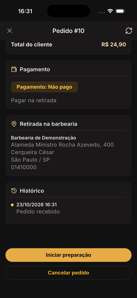 Detalhe do Pedido #10 com pagamento, retirada na barbearia, histórico e o botão Iniciar preparação