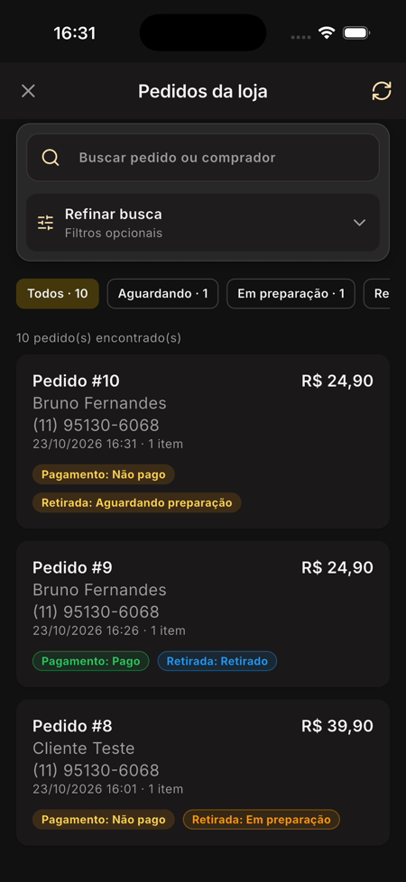 Tela Pedidos da loja com o Pedido #10 marcado Pagamento: Não pago e Retirada: Aguardando preparação