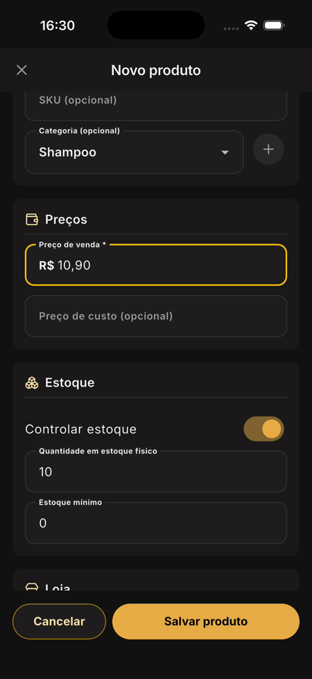 Tela Novo produto com a categoria Shampoo e o preço de venda R$ 10,90