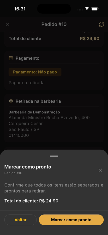 Janela Marcar como pronto do Pedido #10