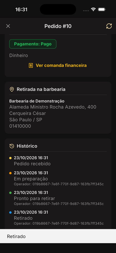 Pedido #10 com Pagamento: Pago, o link Ver comanda financeira e o histórico até Retirado
