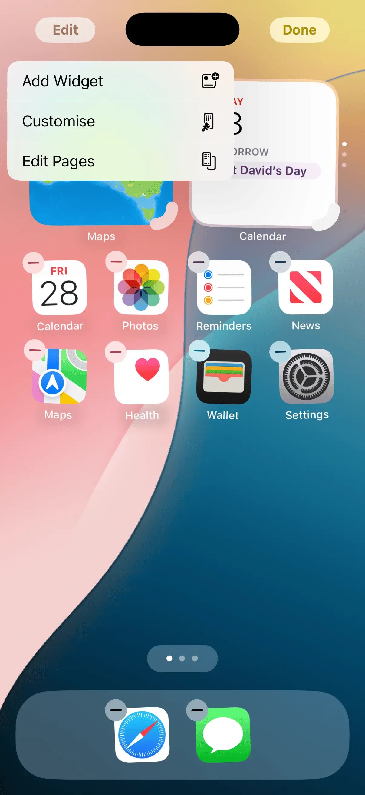 Home Screen in edit mode with the Add Widget option