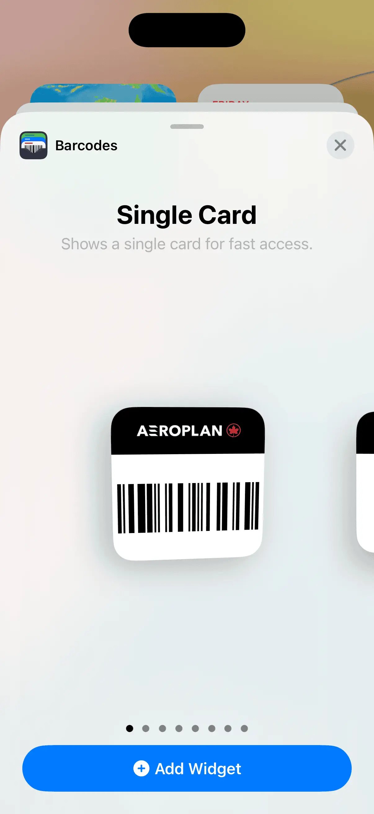 Barcodes widget size selection screen