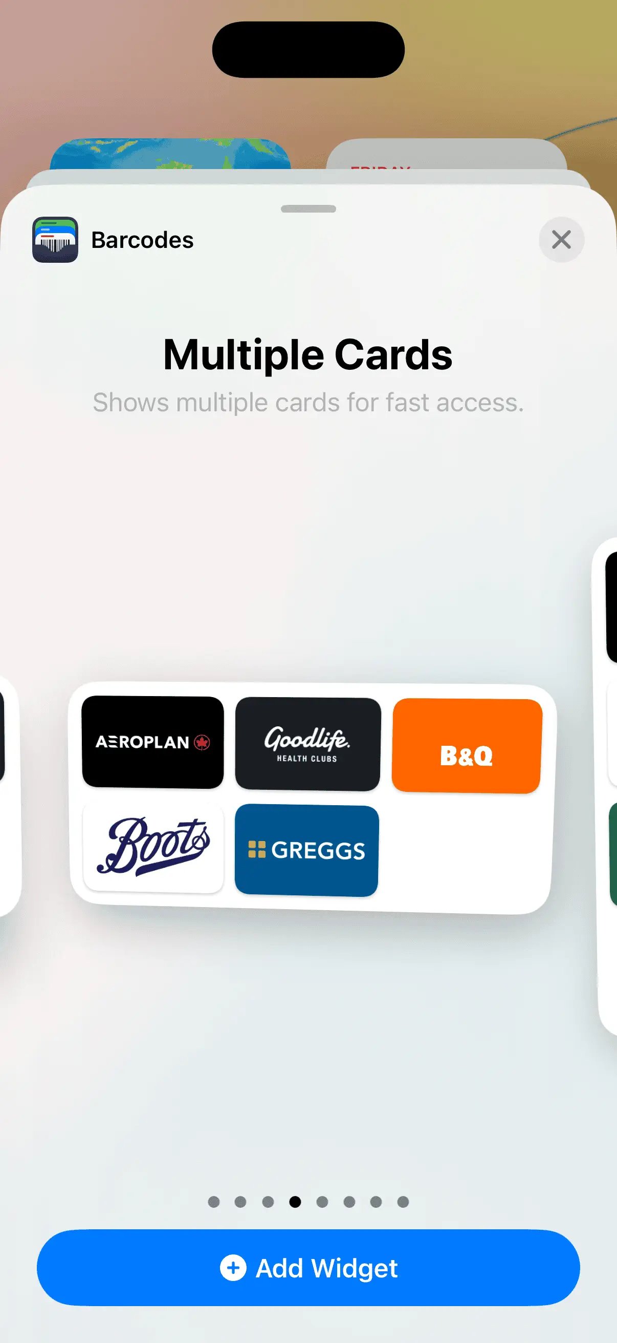 Widget configuration screen for choosing cards to display