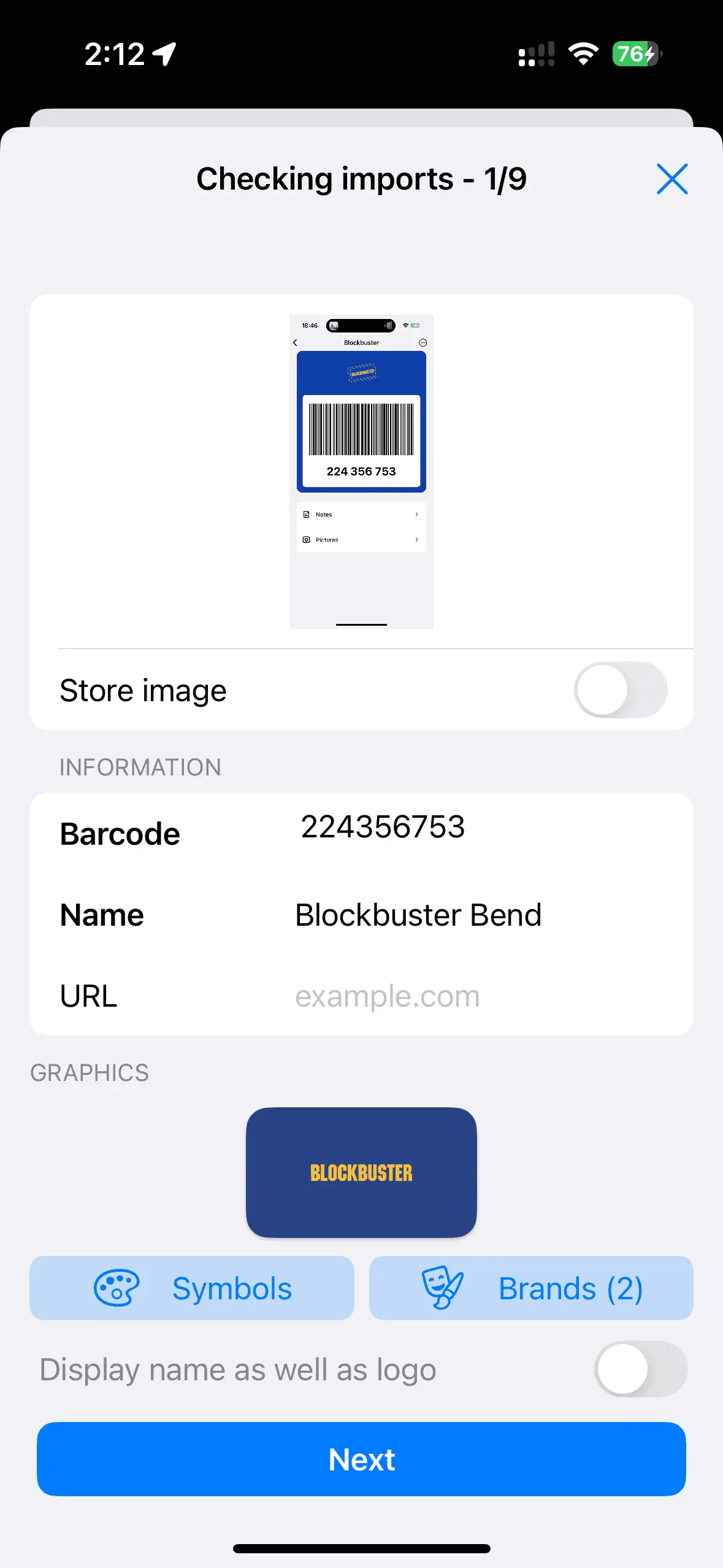 Review screen for an imported Klarna card