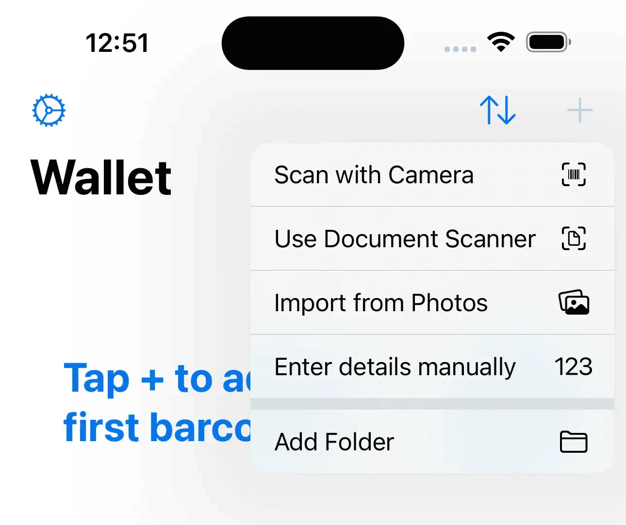 Barcodes home screen with the add card button