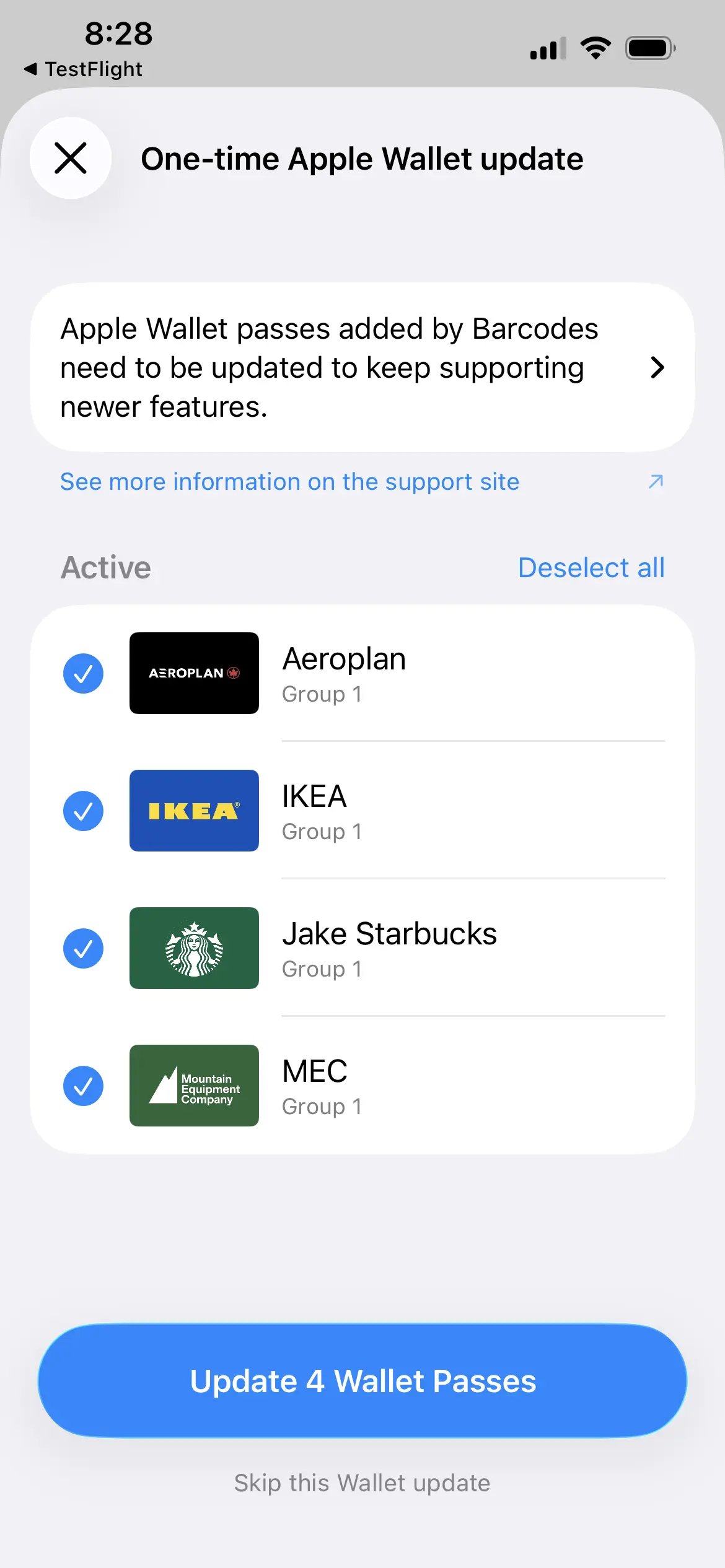 The Barcodes one-time update prompt listing cards, with the active ones preselected