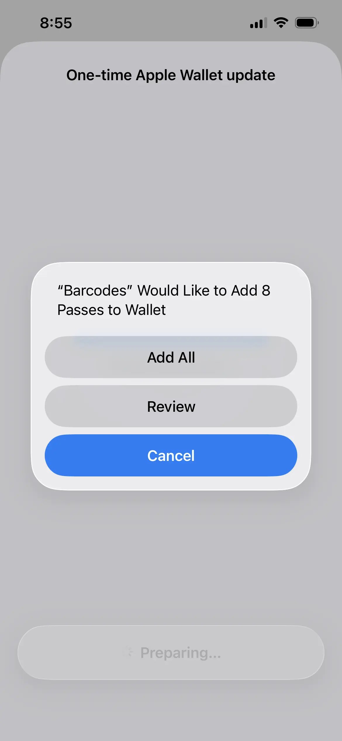 Apple Wallet asking to add the passes, showing twice as many passes as cards selected