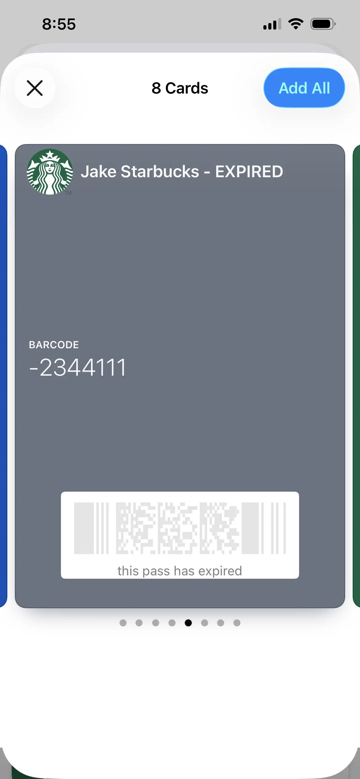An older Starbucks pass marked EXPIRED in Apple Wallet
